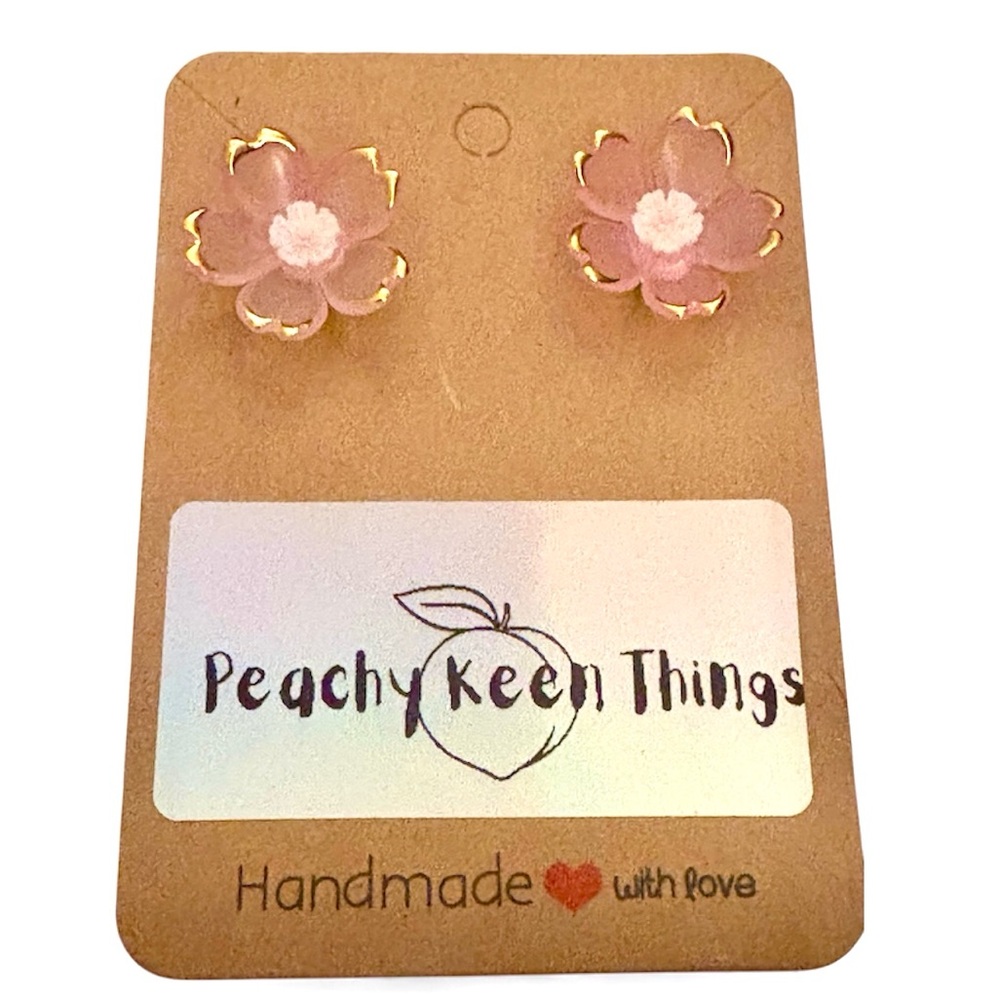 Lucite Cherry Blossom Flower Earrings with Cabohon Centers and 925 Posts. - Picture 4 of 11